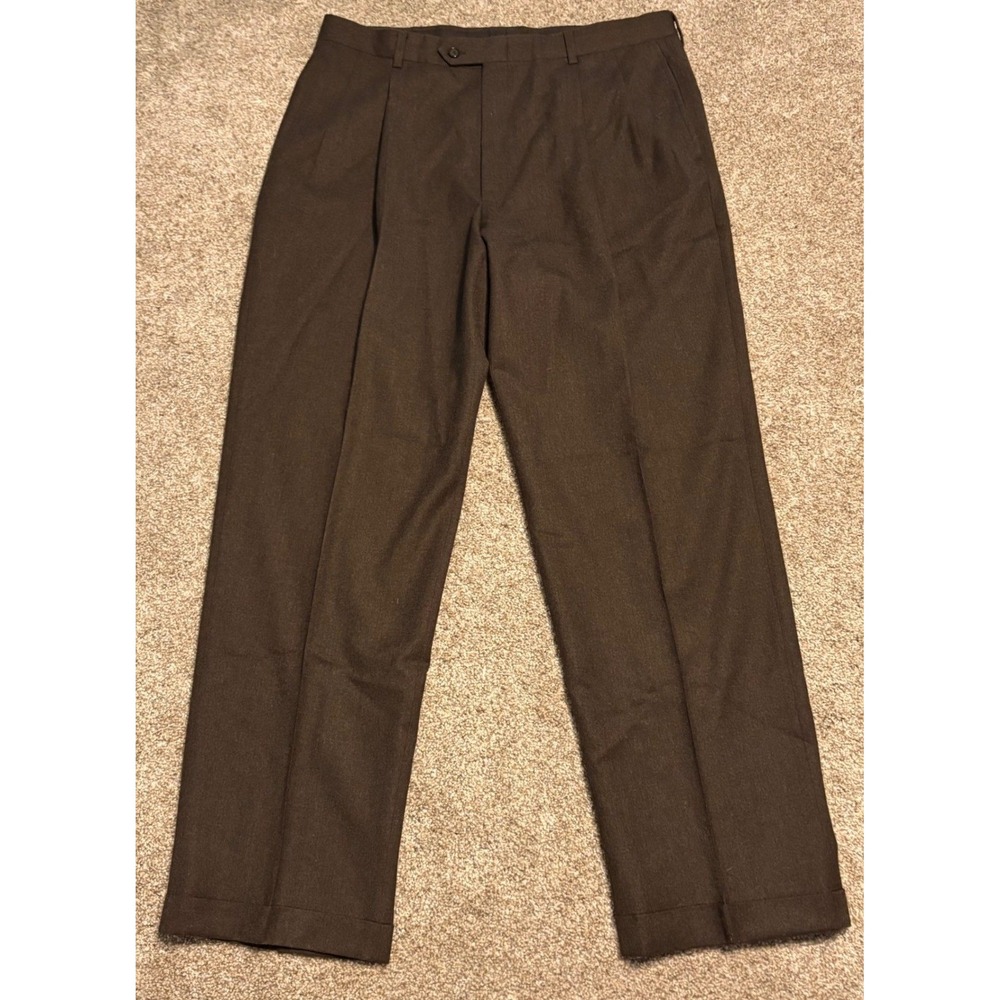 Austin Reed Dress Pants Men 36x31 Trousers Brown Super 100s Wool Pleated‎ Cuffed